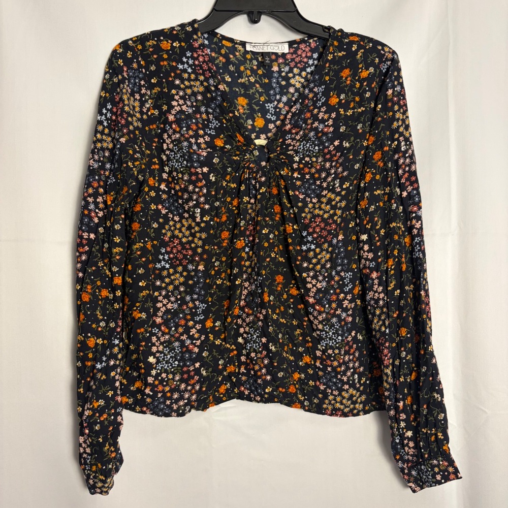 Planet Gold Womens Floral V-Neck Twist Front Long Sleeve Rayon Blouse Large